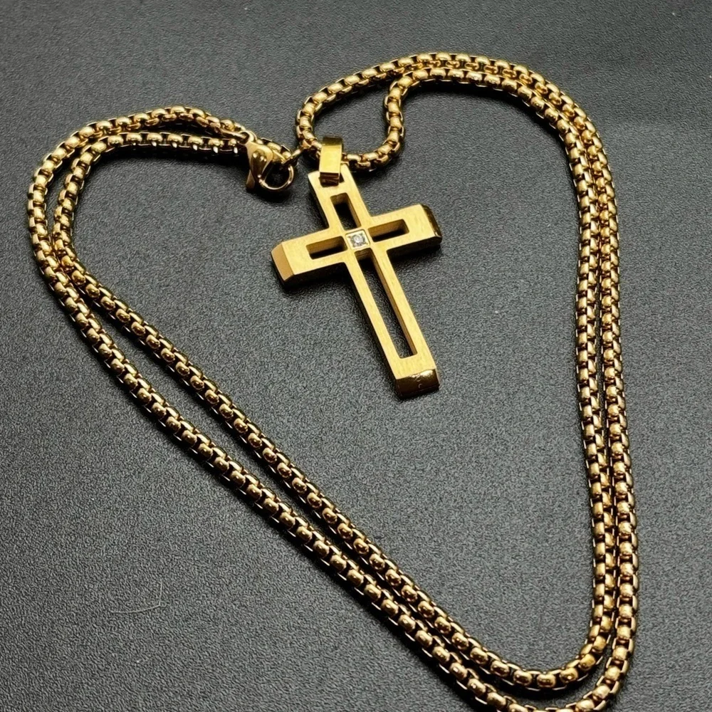 New Stainless Steel Gold Cross Pendant Necklace with cz Diamond Accent